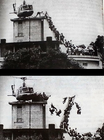 Một bức ảnh chế người Sài Gòn di tản năm 1975 từng xuất hiện trên mạng, thậm chí được đưa vào một cuốn sách ảnh do không kiểm tra nguồn. Ảnh chụp lại từ sách.
